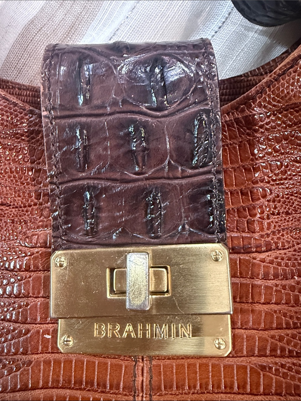 Brahmin Brown and Black Croc-Effect Leather Shoulder Bag Brass Turn lock EUC - Picture 2 of 10